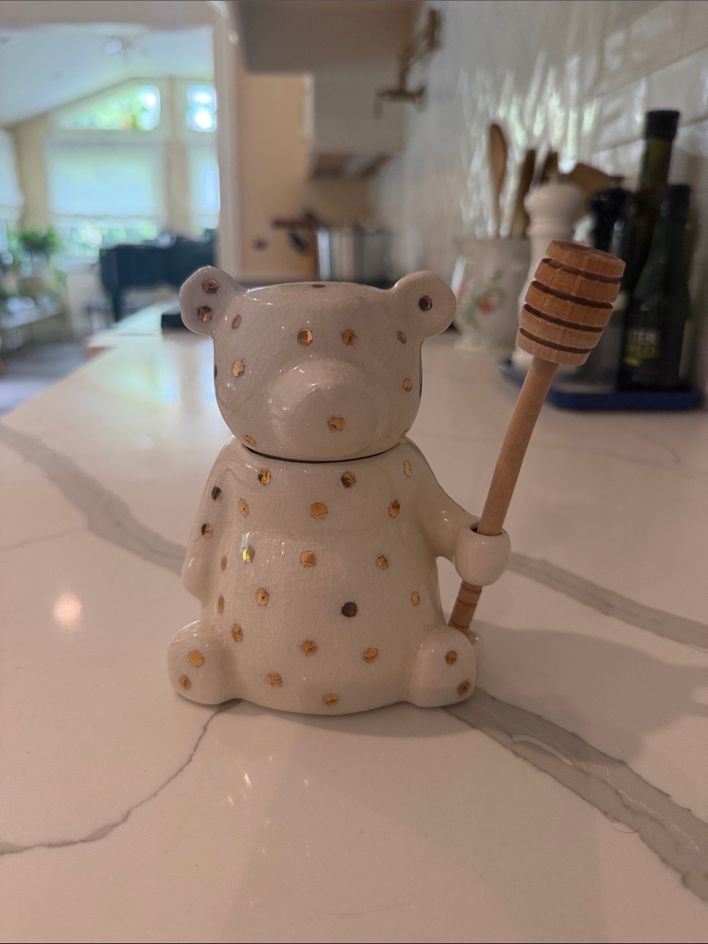 Anthropologie White Ceramic Bear Honey Jar with Gold Dots